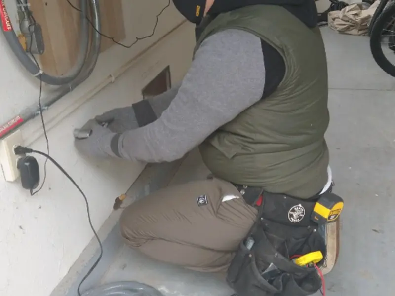 Electrician performing outlet wiring in a Port Orchard garage
